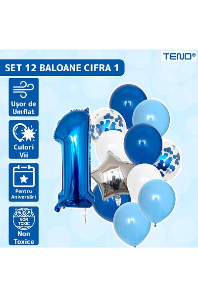 Teno Set of 12 Teno® Balloons, Number 1, Star/Round/Confetti, 3 colors, latex, blue