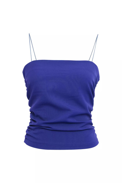 Keikei Saks mavisi krep kolsuz kısa crop top