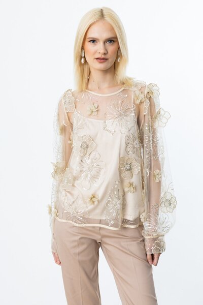 Ekol İç Atletli Pul Çiçek İşlemeli Bluz