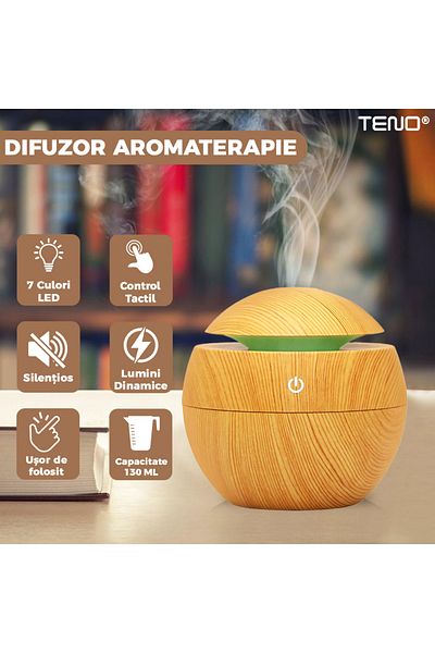 Teno Teno® Aromatherapy Diffuser, sphere shape, 7 LED colors, 130ml capacity, light oak