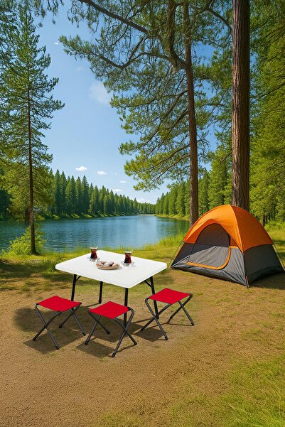 Exent 45X60 cm Kamp Sehpası + 3 Adet KIRMIZI Tabure Piknik, bahçe balkon sehp...