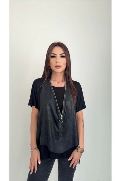 nedo7 Women's Short Sleeve Round Neck Viscose Blouse + Sleeveless Zipper-Up Crack Leather Vest