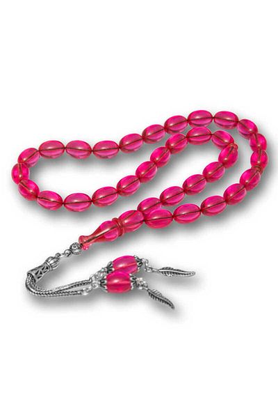 aysugün Silver Tasseled Pink Fire Amber Prayer Beads