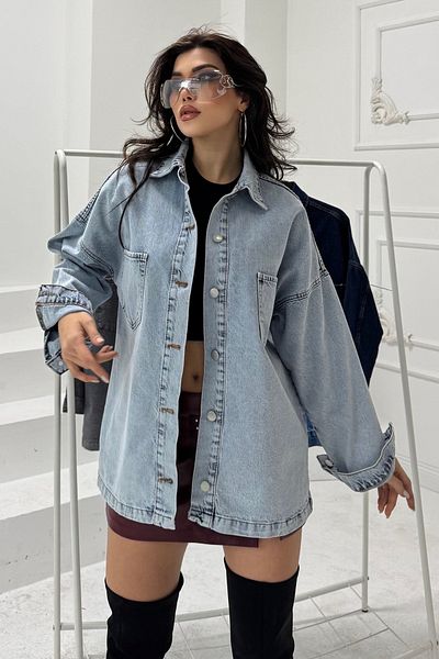 TOFİSA Jachetă de blugi cu buzunar dublu pentru femei, cu rever, albastru deschis - 26676