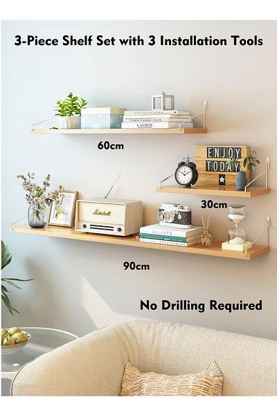 Old_Feller 3-Piece Wooden Floating Shelves with Metal Brackets - Wall Mounted Book Shelf