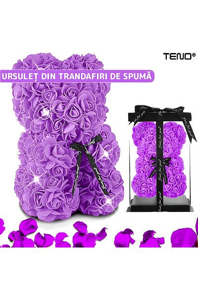 Teno Ursulet din Trandafiri de Spuma Teno®, floral liliac, handmade, cutie transparenta, 25 cm