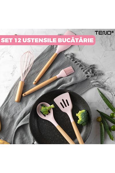 Teno Teno® 12-Piece Food Grade Silicone Kitchen Utensil Set, heat-resistant, stand included, pink