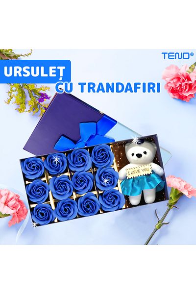 Teno Ursulet cu Trandafiri din Sapun Teno®, ”I LOVE YOU”, 12 trandafiri, albastru regal