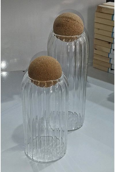heybecollection 2-Piece Glass Storage Container with Cork Lid 1 Large 1 Small Size