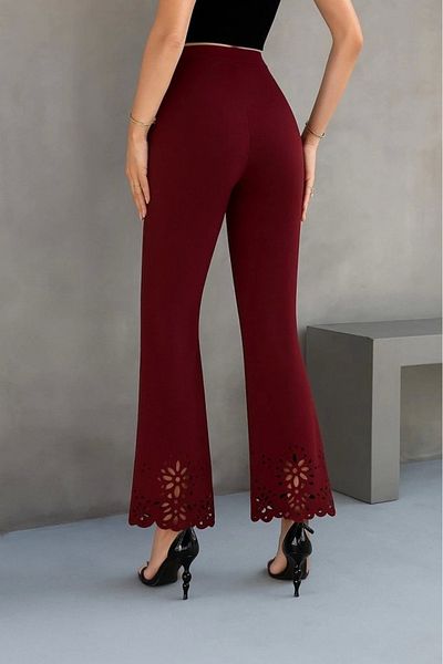 nedo7 Women's High Waist Expanding to the Leg Laser Flower Cut Detailed Imported Crepe Trousers