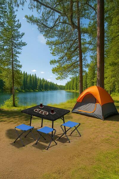 Exent 45X60 cm Kamp Sehpası + 3 Adet MAVİ Tabure Piknik, bahçe balkon sehpası...