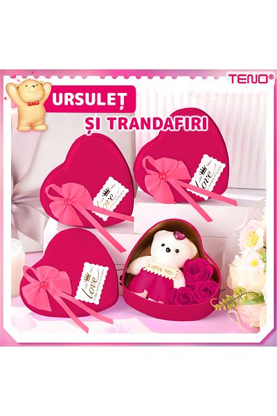 Teno Ursulet cu Trandafiri din Sapun Parfumati Teno®, ”I LOVE YOU”, 3 trandafiri, roz