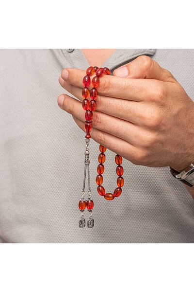aysugün Fire Amber Rosary with Silver Tassels