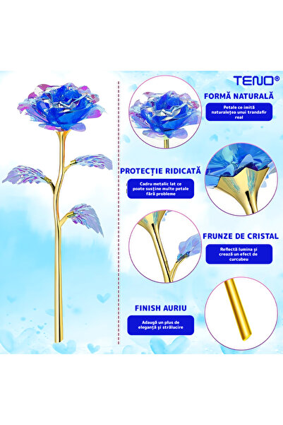 Teno Trandafir Artizanal Teno®, efect de cristal, aspect auriu, 22 x 13 cm, albastru