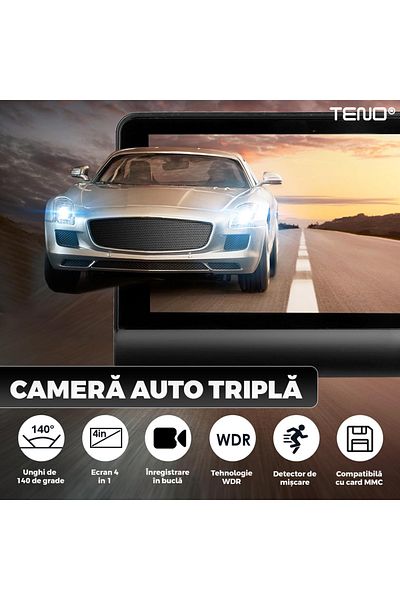 Teno Teno® Triple Car Camera, front, rear, sides, LED, full HD 1080p, loop recording, black