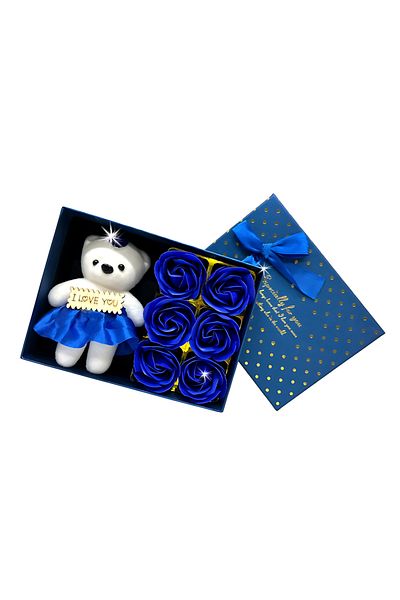 Teno Ursulet cu Trandafiri din Sapun Teno®, ”I LOVE YOU”, 6 trandafiri, albastru regal