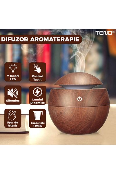 Teno Teno® Aromatherapy Diffuser, sphere shape, 7 LED colors, 130ml capacity, dark oak