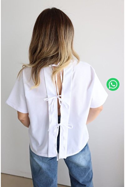 Klein Arkası Poplin Bağlamalı Beyaz Penye Tshirt