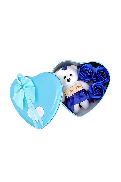 Teno Ursulet cu Trandafiri din Sapun Parfumati Teno®, ”I LOVE YOU”, 3 trandafiri, albastru