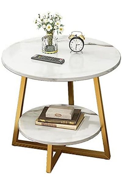 Generic Round Coffee Table, Double Layer Sofa Side Table End Table, Imitation Marble Coffee Round Table Snac