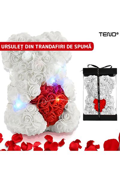Teno Teddy bear made of Teno® Foam Roses, white floral with red belly, handmade, 25 cm