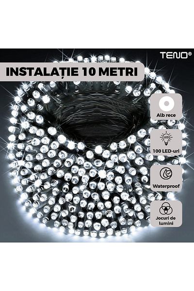 Teno Linear Christmas Installation with Teno® Solar Panel, 10 m, 8 light effects, 100 LEDs, cool white