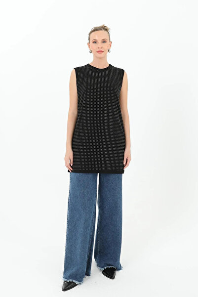 dgs look Black Sleeveless Viscose Underwear with Stone Detail on the Front