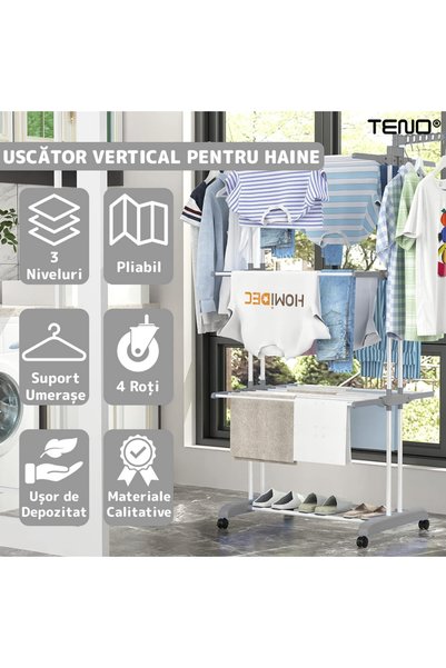 NEXTLY Uscator Vertical Pentru Rufe Si Incaltaminte , 3 Niveluri, Suport Umerase, Pliabil, Portabil