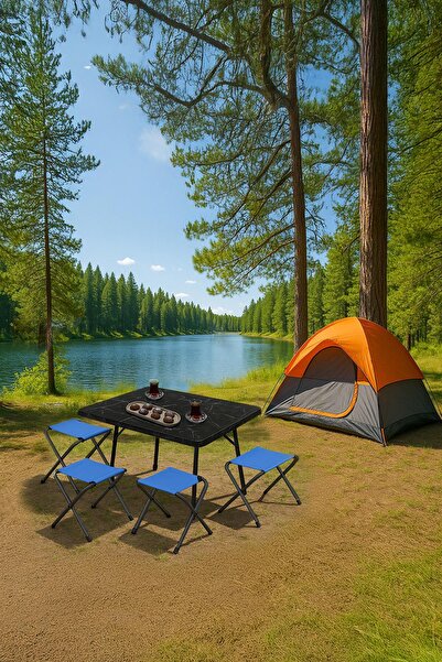 Exent 45X60 cm Kamp Sehpası + 4 Adet MAVİ Tabure Piknik, bahçe balkon sehpası Katlanır Sehpa-ME-4M