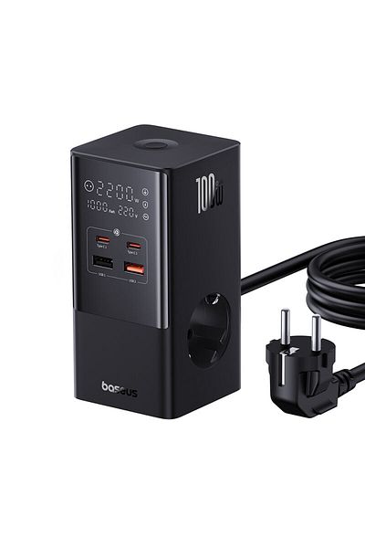 Baseus PowerCombo mains charger, with extension cord, 100W, 2x AC, 2x USB-C, 2x USB-A, 1.5m, Black