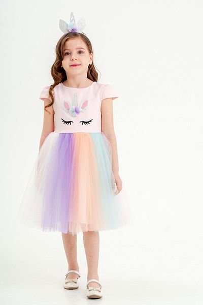 Eray Kids Βραδινό φόρεμα για κορίτσια μονόκερος με πολύχρωμο τούλι, κοστούμι γενεθλίων και πάρτι με δώρο κορώνα 3-10 ετών