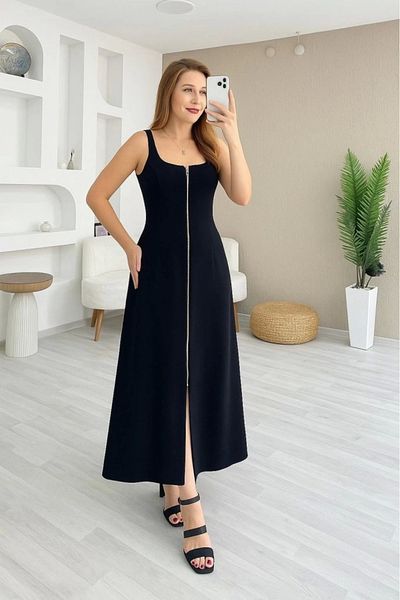 nedo7 Women's Strap Square Neck Front Zipper Wide Cut Janjan Crepe Dress