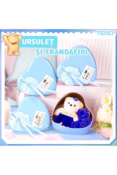 Teno Ursulet cu Trandafiri din Sapun Parfumati Teno®, ”I LOVE YOU”, 3 trandafiri, albastru