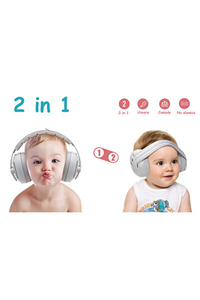 WePro Store Chrániče sluchu 2 v 1 pro miminka 3-48 měsíců, elastický čelenka, ochrana sluchu, potlačení hluku 25 dB, šedé