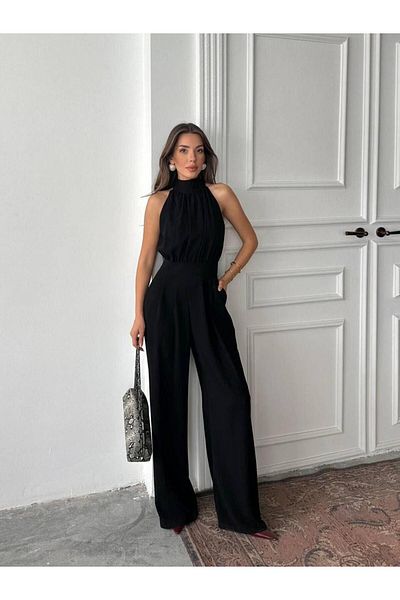 MAXMOOR Women's Black Halter Neck Long Waist Jumpsuit