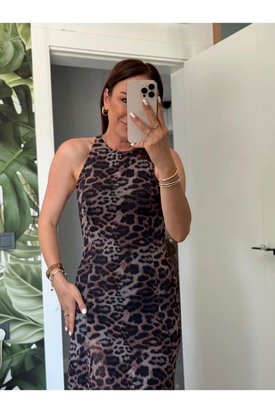 X-Young Sleeveless Slit Leopard Print Dress Brown