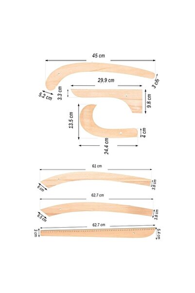 Aoz atölye 7 parça ahşap riga seti terzi cetveli 3 mm kalınlığında ahşp cetvel