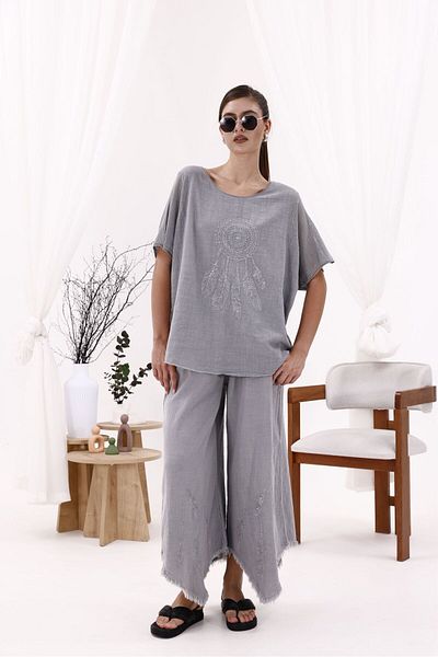 pier moda Women's Feather Embroidered Linen Trousers - Gray Color Shalwar - 100% Cotton Fabric - Breathable Organic Product - Loose