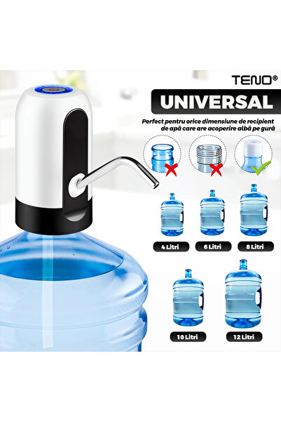 Teno Ηλεκτρικός Διανομέας Νερού Teno®, αντλία φιάλης με μπαταρία 1200 mAH, μαύρο/λευκό