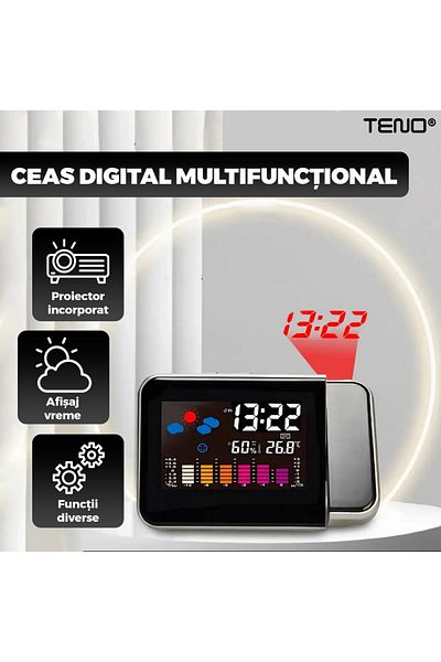Teno Teno® Multifunctional Projector Clock, weather station, weather forecast, 15 x 11 x 2.5 cm, black