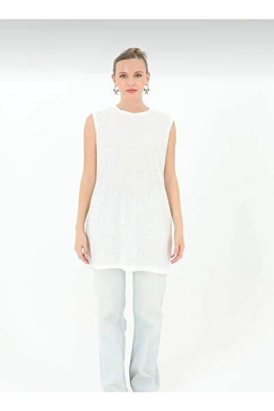 dgs look White Sleeveless Viscose Underwear with Stone Detail on the Front