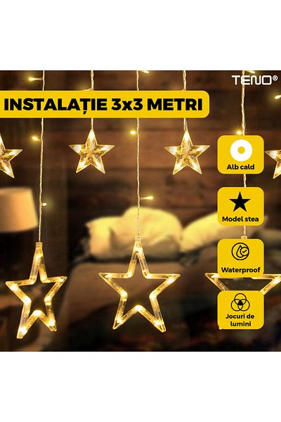 Teno Teno® Curtain Christmas Installation, 3x3 m, 8 light effects, 12 figurines, warm white