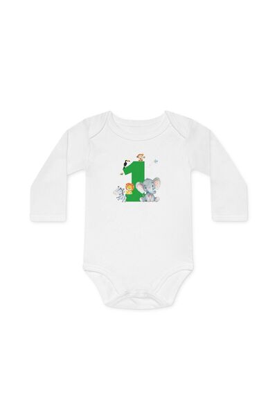 OEM Body Bebelusi, alb, 1 an aniversare, baieti, tematica animale jungla, marimea 86
