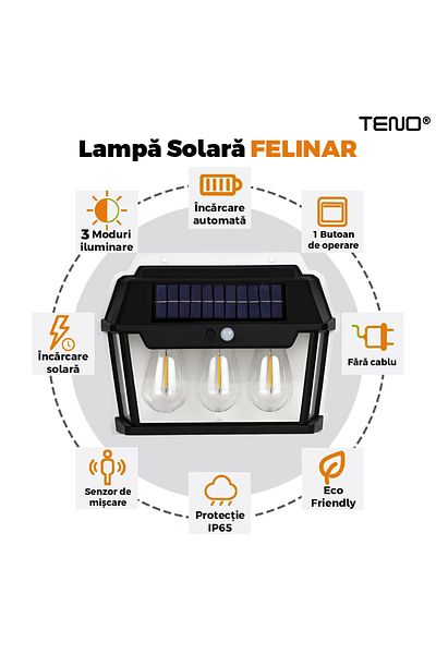 Teno Lampa Solara de Perete LED Tip Felinar Triplu Teno®, IP65, Waterproof, exterior, negru