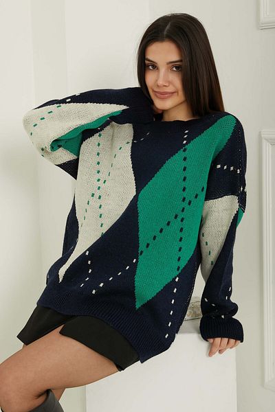 TOFİSA Women's Crew Neck Baklava Pattern Knitwear Sweater Navy Blue Cream - 26599