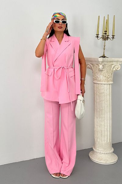 spirituel Women's Top and Bottom Double Suit Shoulder Detailed Belted Vest Pants Suit