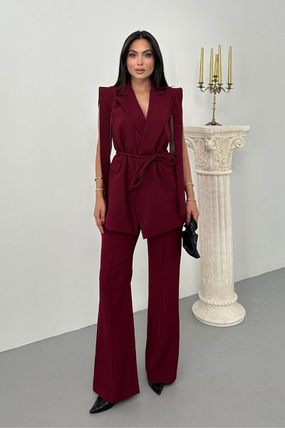 spirituel Women's Top and Bottom Double Suit Shoulder Detailed Belted Vest Pants Suit