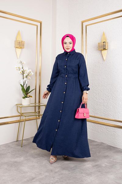 HARMAN BUTİK Women's Pocket Detailed Buttoned Navy Blue Dress with Elastic Waist
