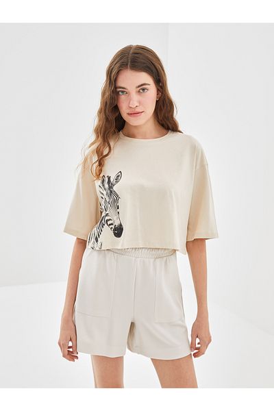 LC Waikiki Crop pentru femei cu imprimeu zebră cu decolteu rotund