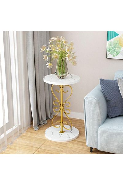 Generic Elegant Round Pedestal Plant Table, 60cm Height, Wood Top, Gold/White Texture, 1 Tier, 12"L x 12"W x